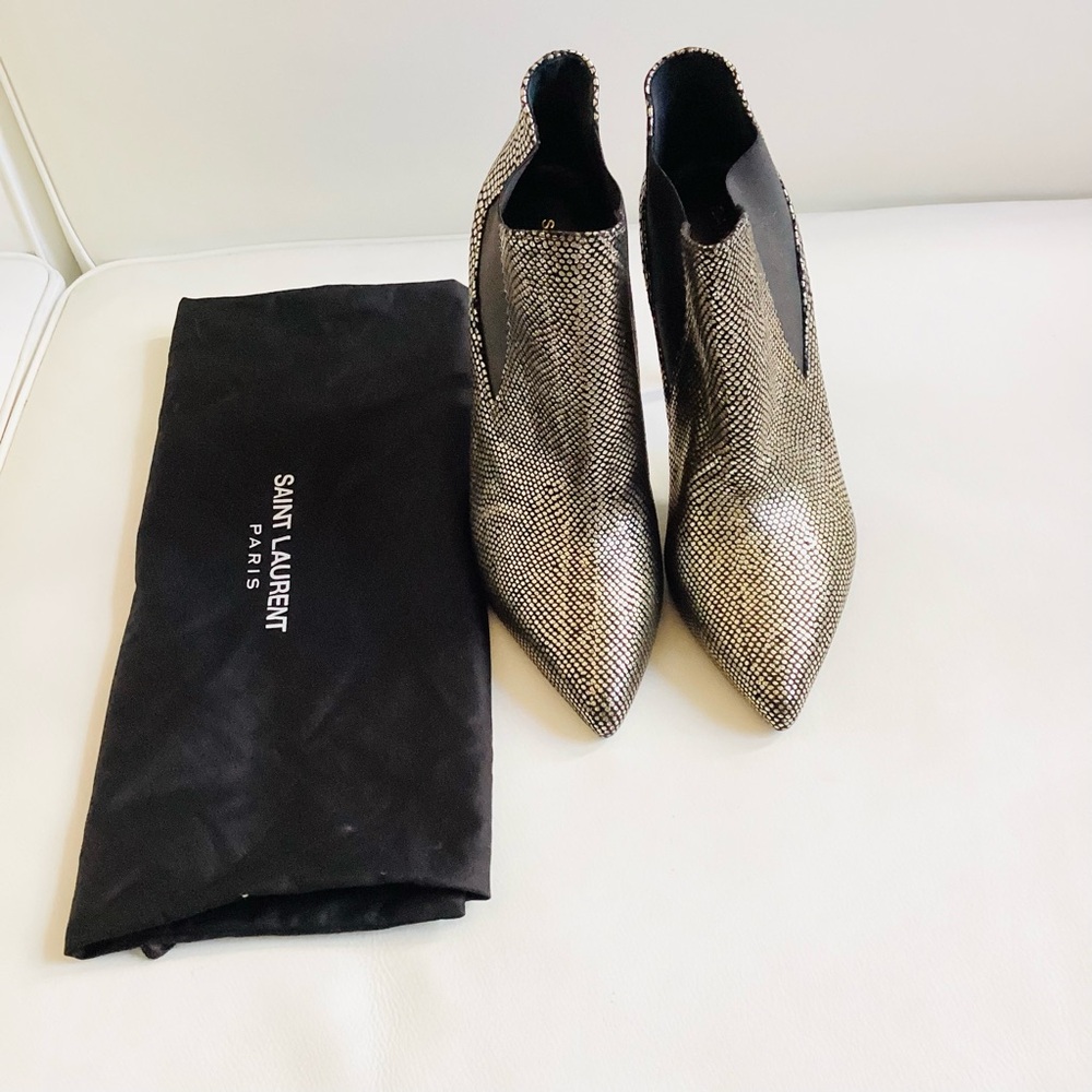Saint Laurent Snake Embossed Black and Gold Ankle Spike Heel Boots SZ 8.5/38.5 - Picture 2 of 10